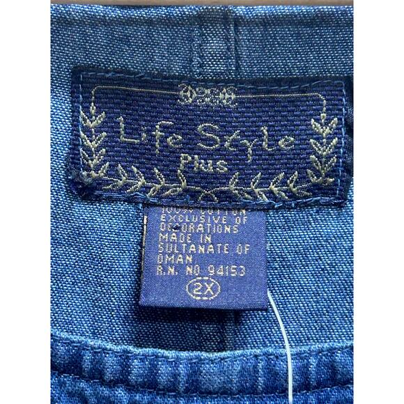 VTG 90's Life Style Plus Maxi Dress 2X Blue Denim Sleeveless Embroidery Floral - Picture 5 of 7